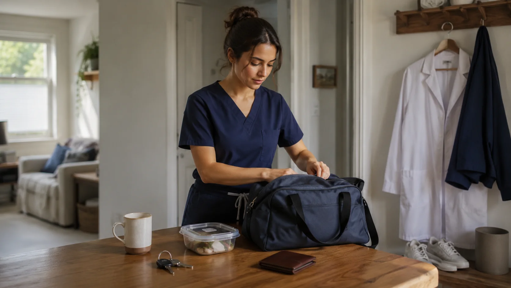 A dental professional packing a work bag before heading to the clinic