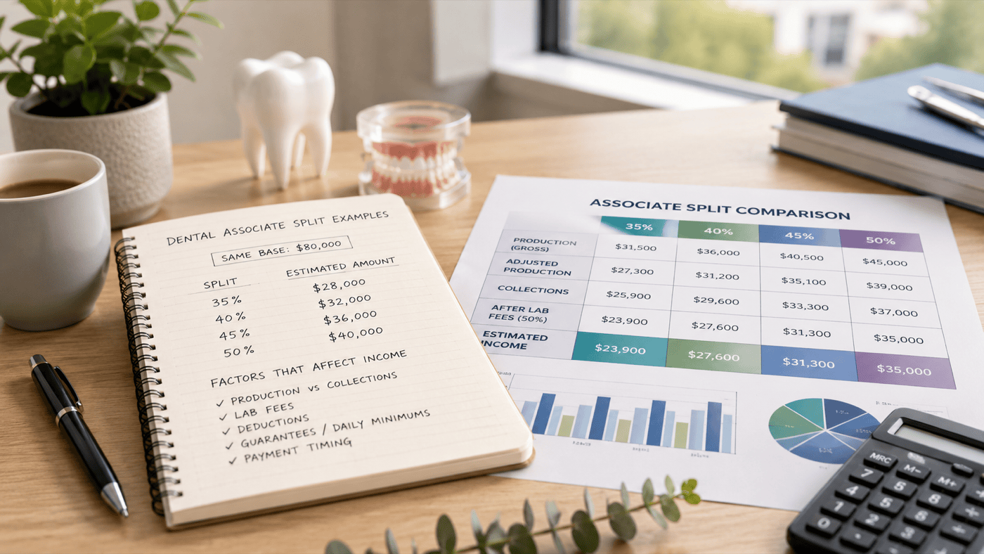 Illustration comparing 35%, 40%, 45%, and 50% dental associate splits across different pay bases and lab-fee treatments.