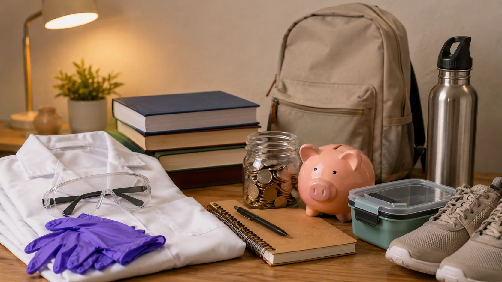 Dental school books, clinical supplies, and savings jars arranged beside a backpack