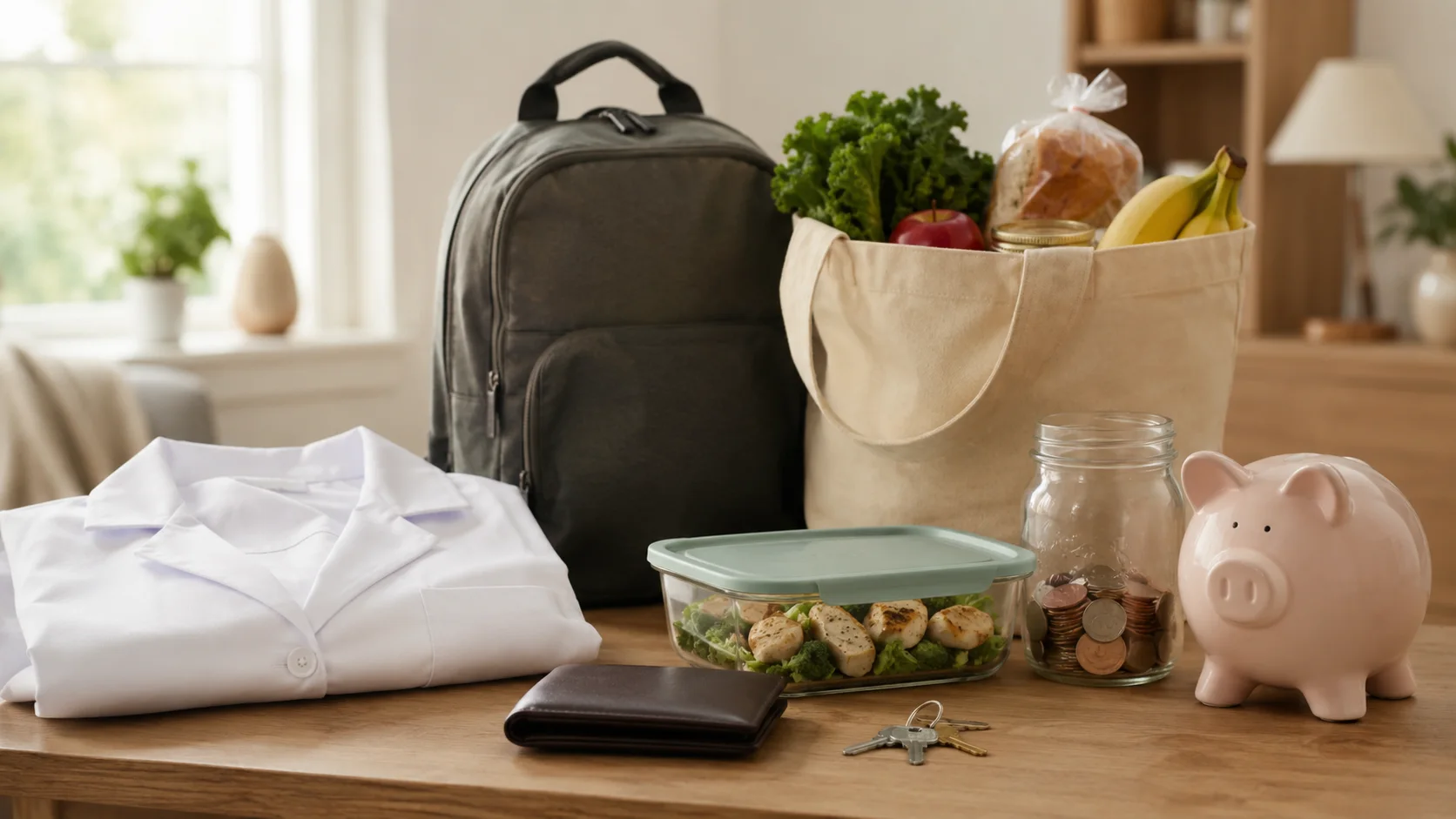 A lab coat, backpack, meals, savings jar, and everyday supplies needed for dental school