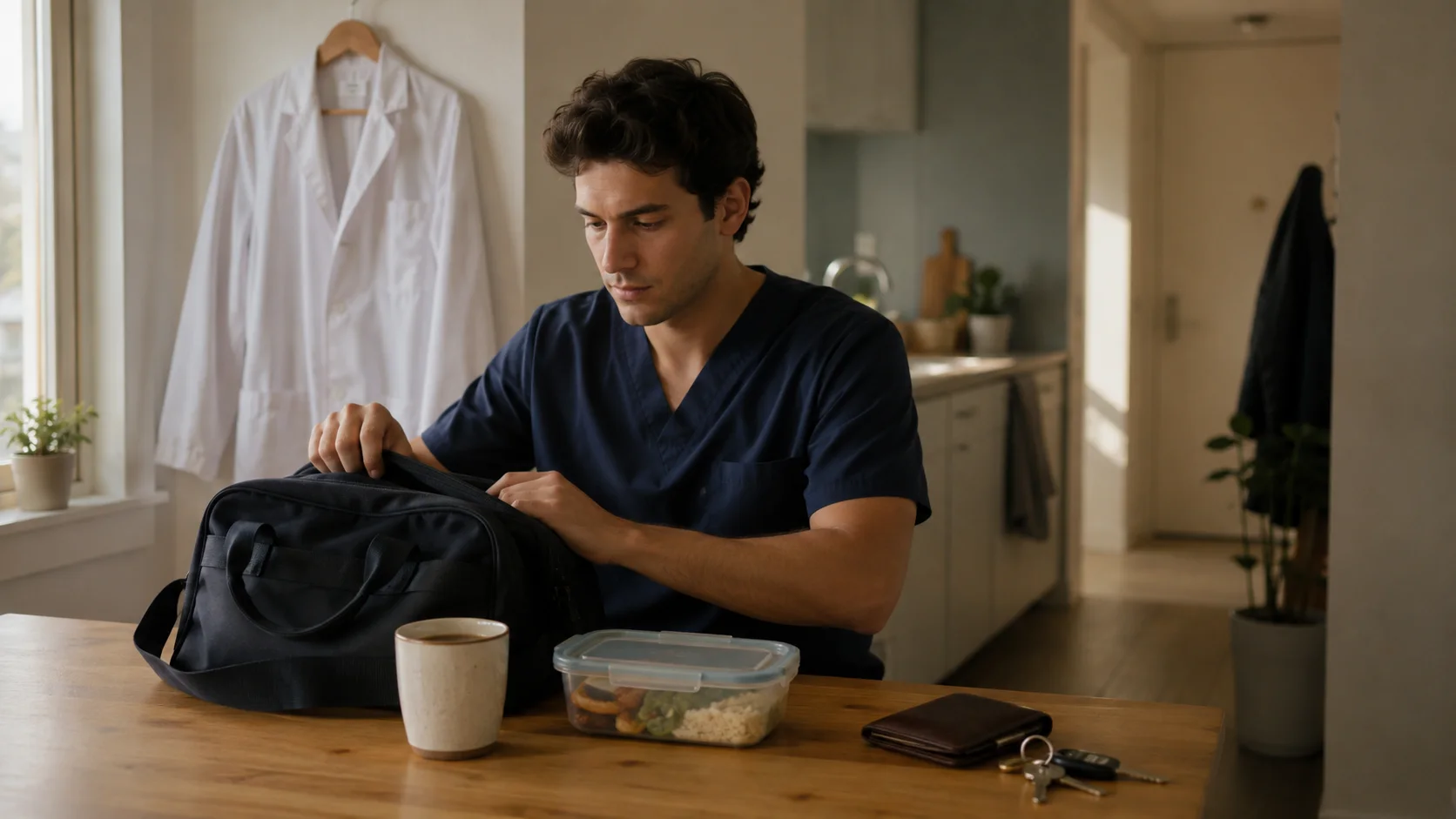 Un professionnel dentaire qui prépare son sac pour la journée, avec son portefeuille à proximité