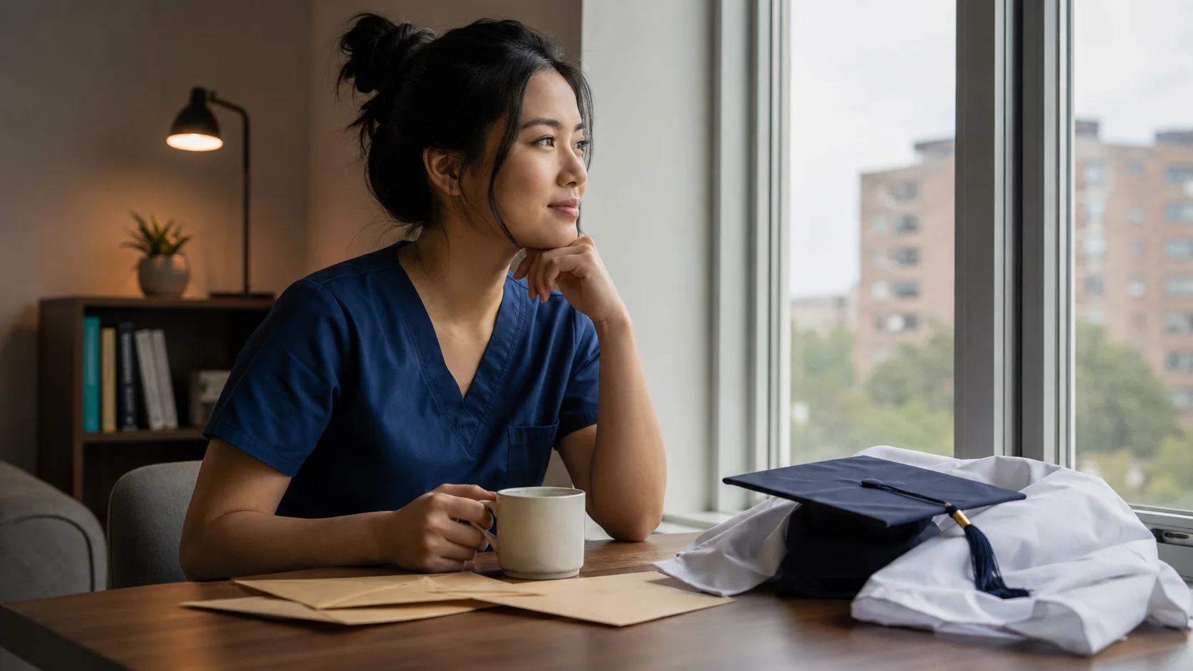 Une nouvelle diplômée en médecine dentaire qui examine des documents et réfléchit à ses options de carrière