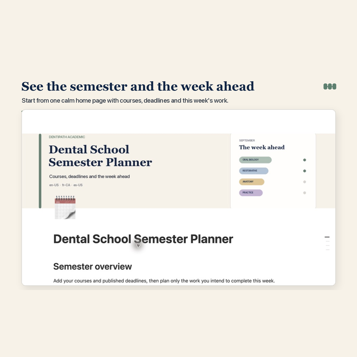 Dental School Semester Planner with fictional weekly tasks and course cards