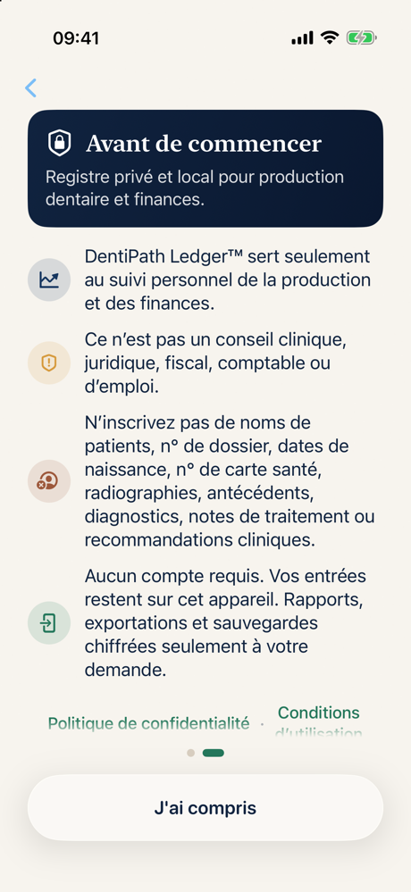 L&rsquo;avis de premier lancement de DentiPath Ledger expliquant le stockage local et demandant à l&rsquo;utilisateur de ne pas saisir de renseignements sur les patients.
