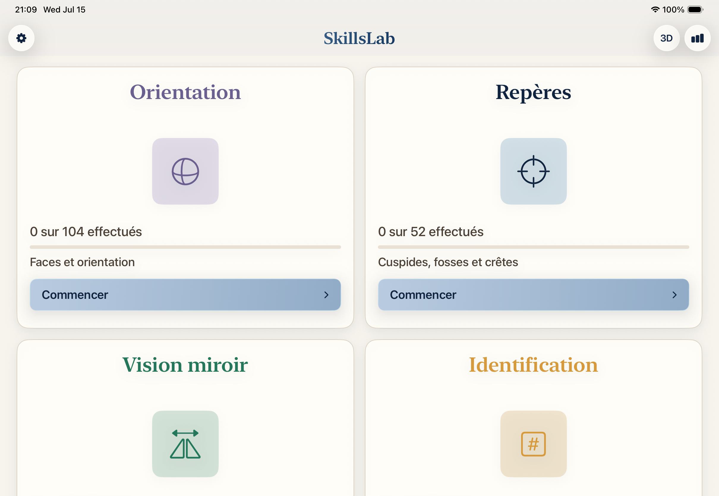 Écran d’accueil de SkillsLab sur un iPad Pro 11 pouces en mode paysage.